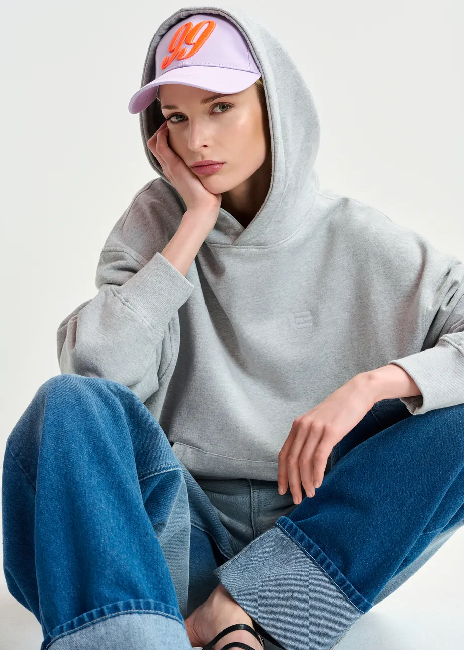 Grey cotton hoodie with E-shaped embroidery