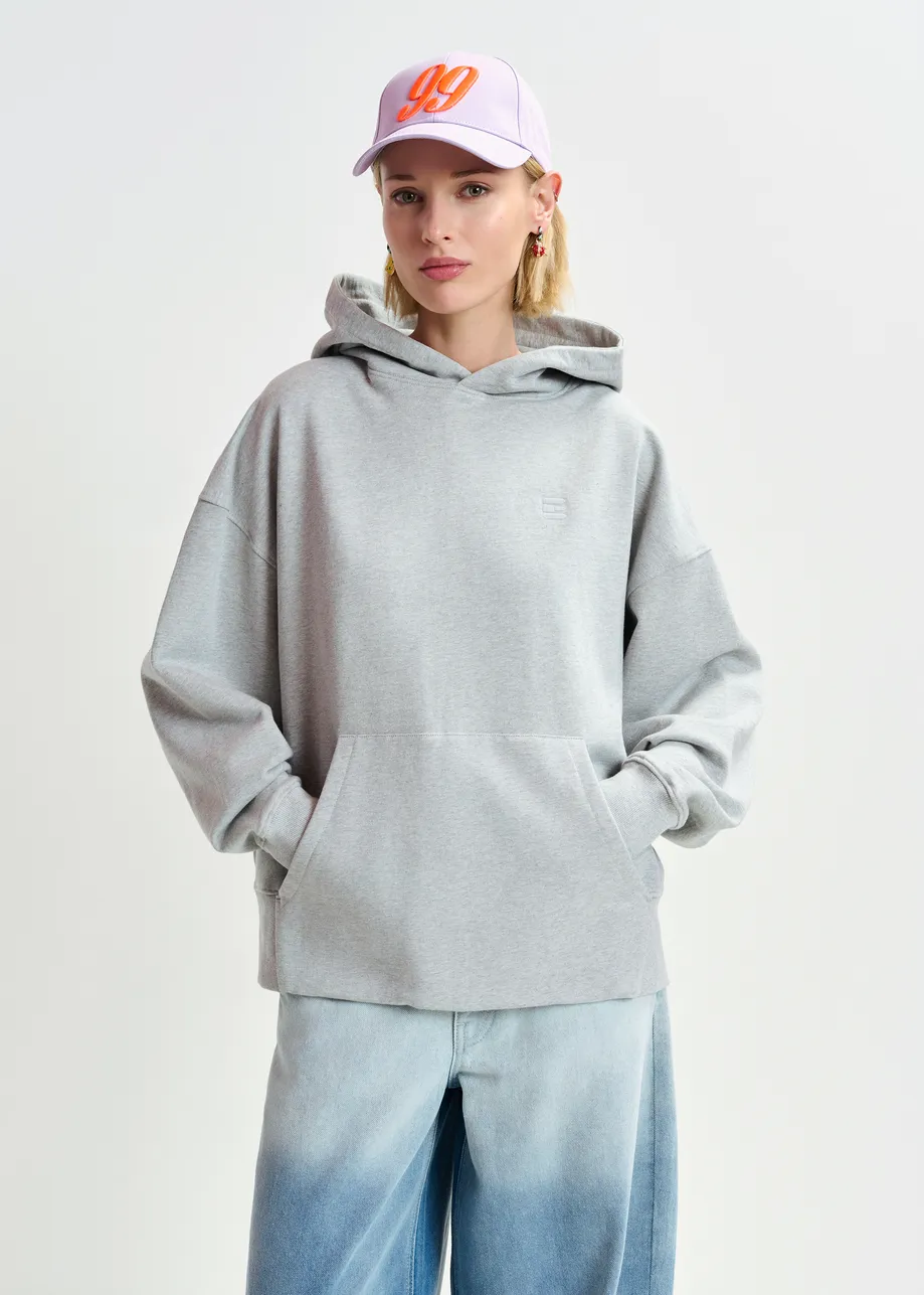 Grey cotton hoodie with E-shaped embroidery