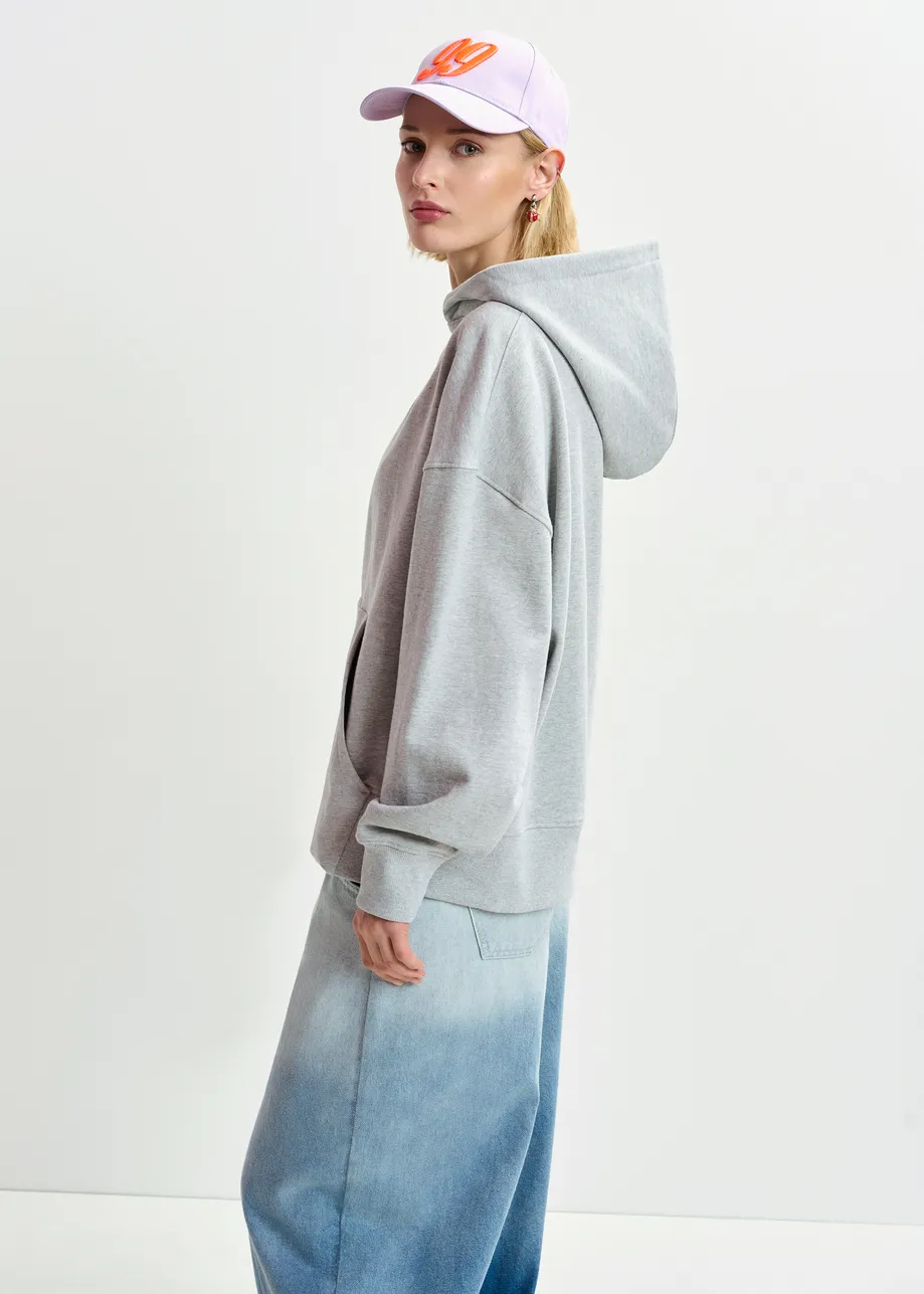 Grey cotton hoodie with E-shaped embroidery