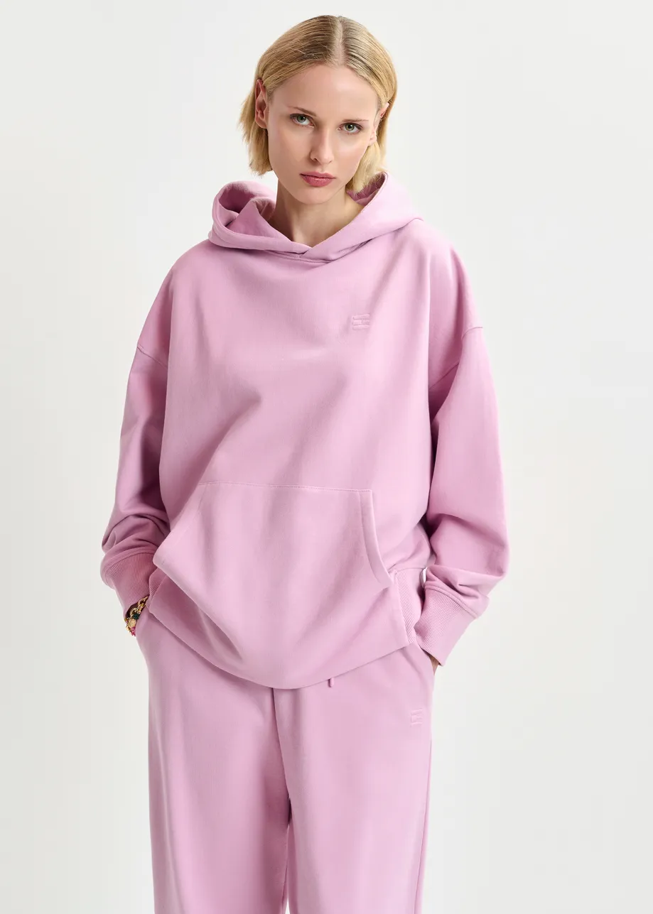 Pink cotton hoodie with E-shaped embroidery