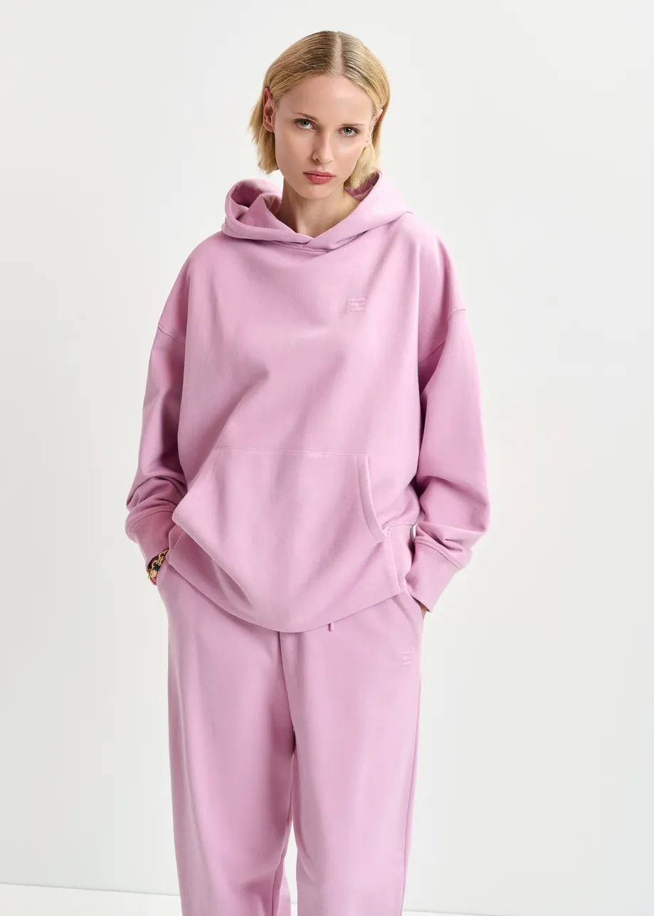 Pink cotton hoodie with E-shaped embroidery