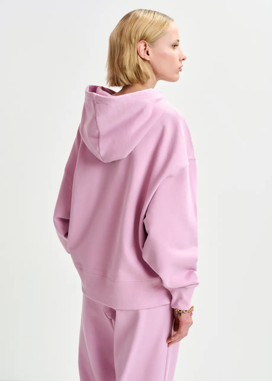 Pink cotton hoodie with E-shaped embroidery