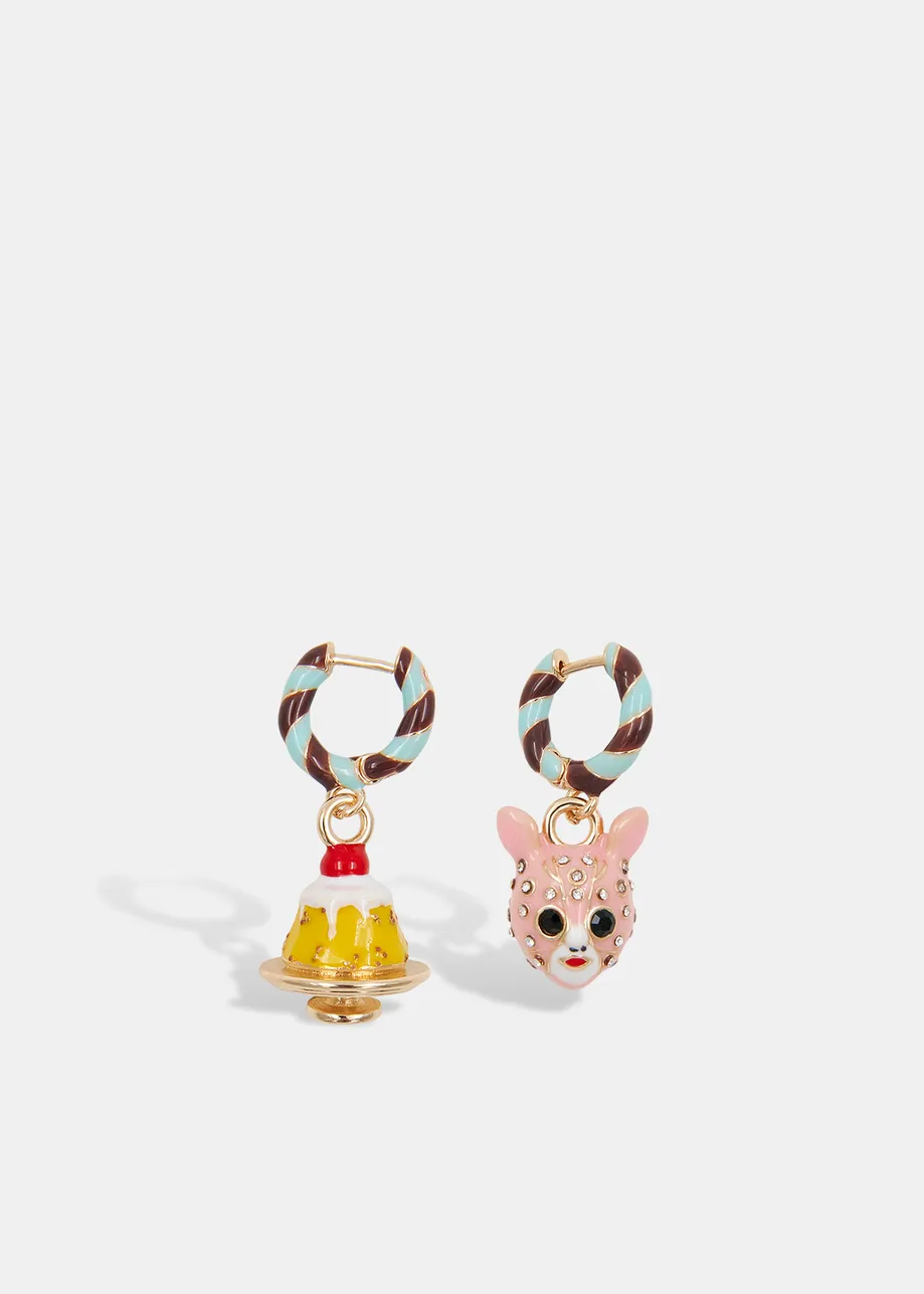 Blue and brown hoop earrings with pie and doll pendants