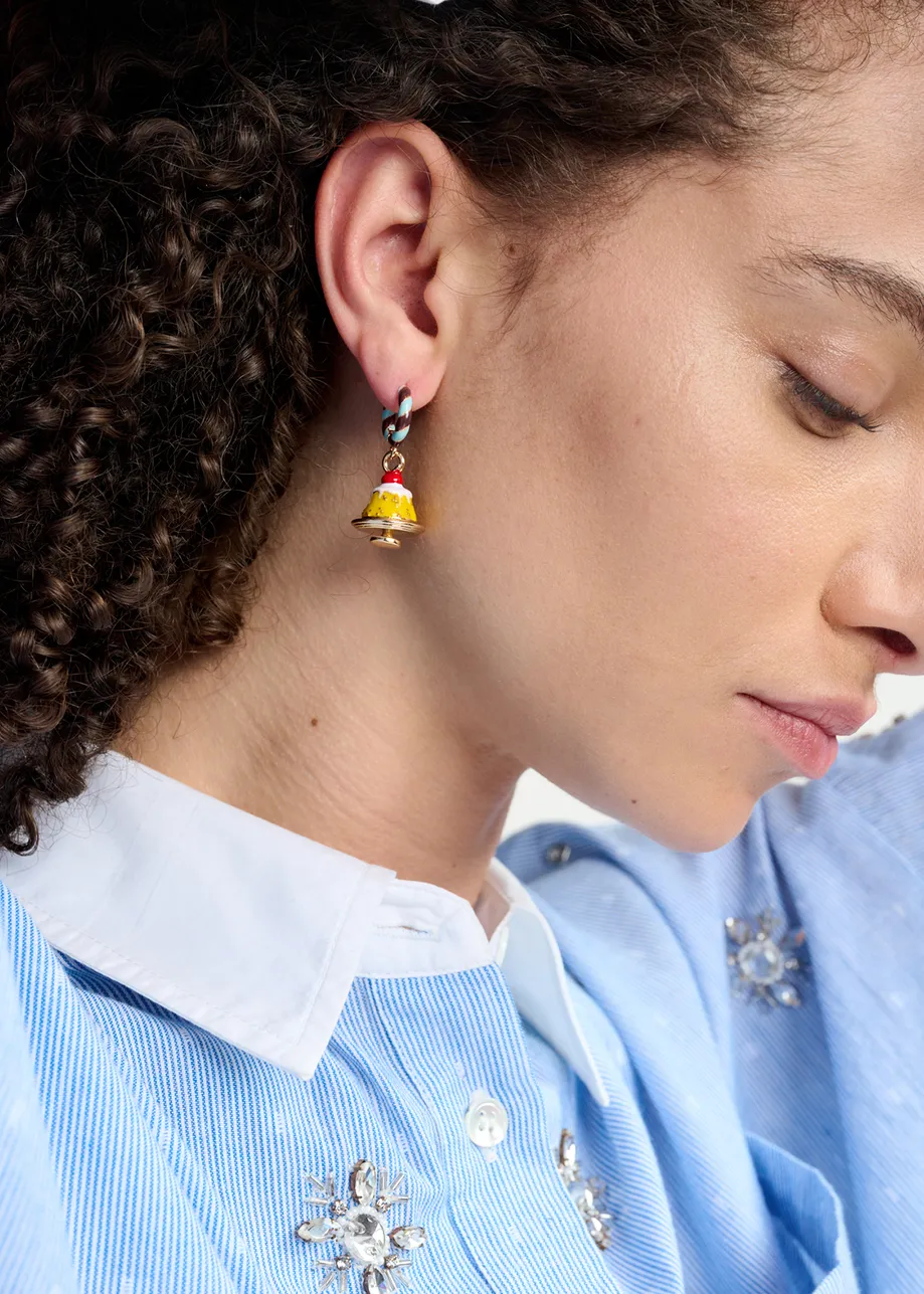 Blue and brown hoop earrings with pie and doll pendants
