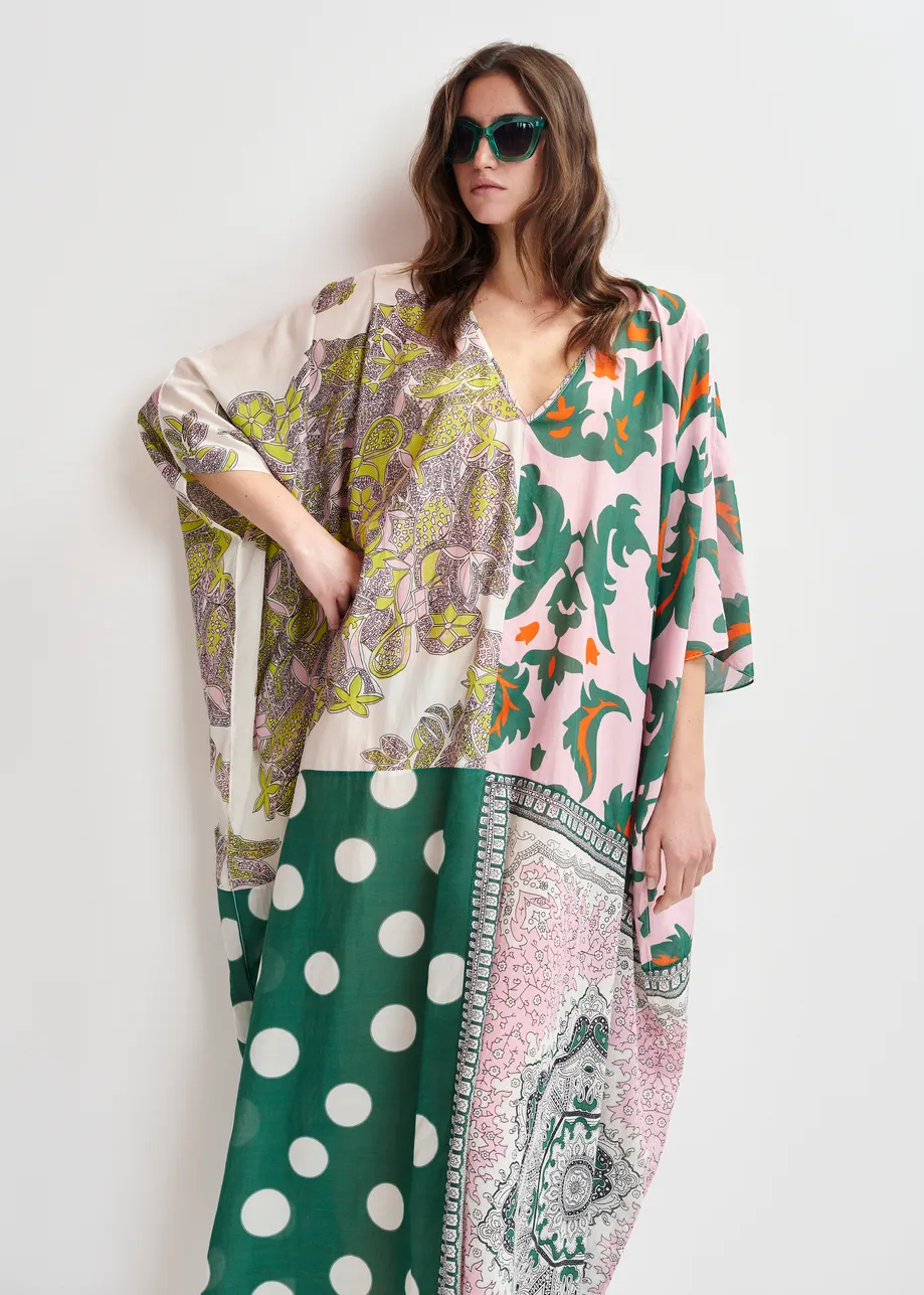 Green, pink and multicolor printed oversized kaftan dress