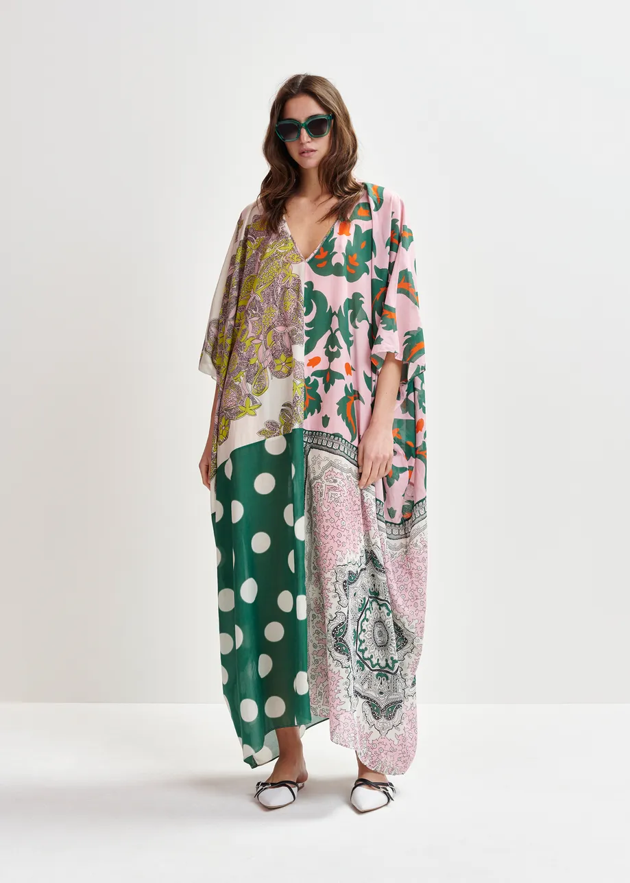 Vestido caftán estampado oversize, verde, rosa y multicolor