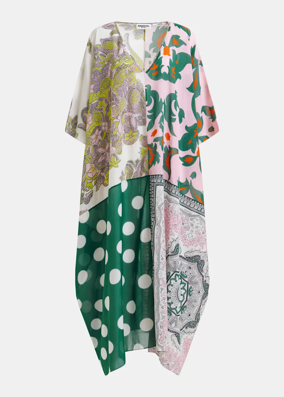 Vestido caftán estampado oversize, verde, rosa y multicolor