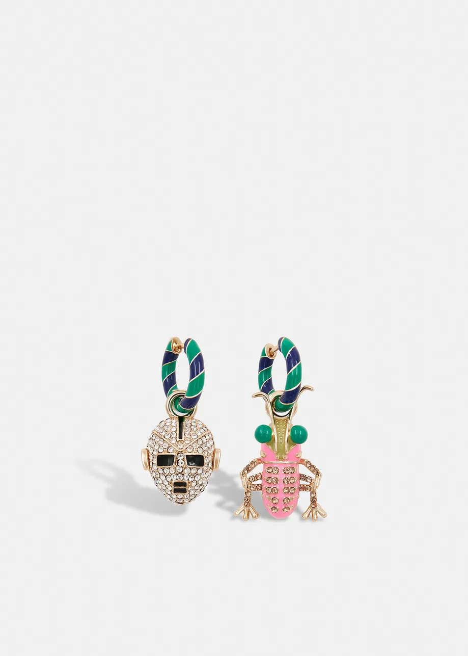 Green, black and dark blue hoop earrings with bug and robot head pendants