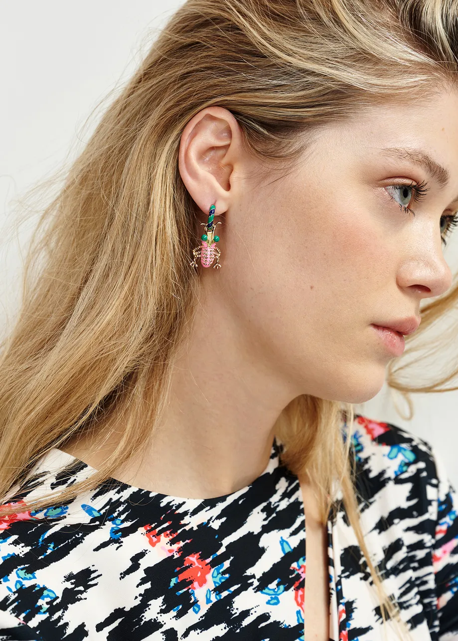 Green, black and dark blue hoop earrings with bug and robot head pendants