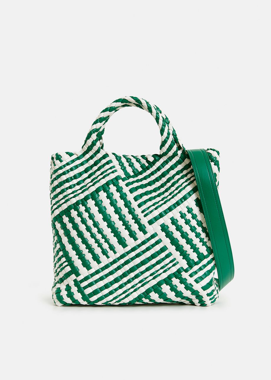 Green and white faux leather woven handbag