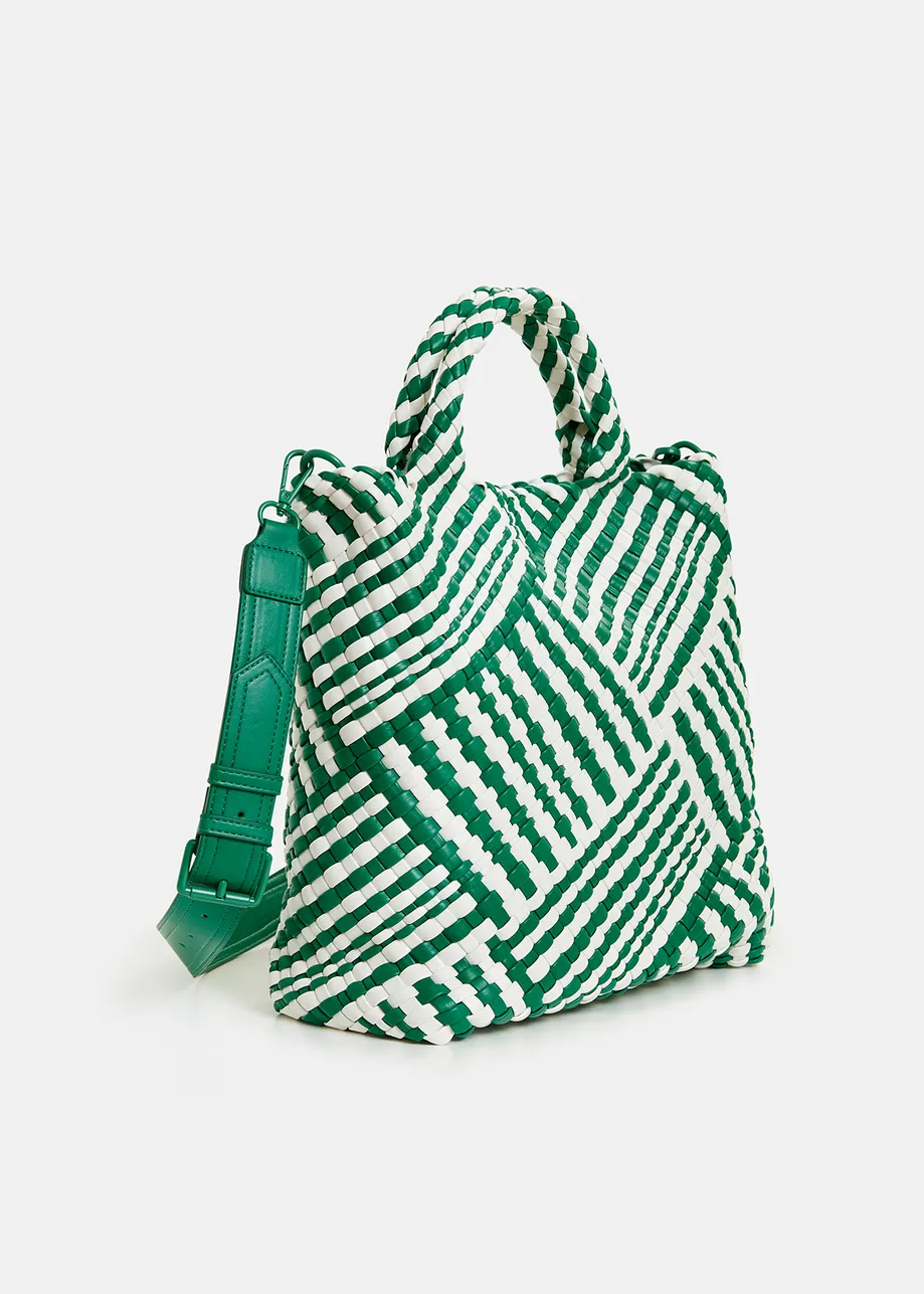 Green and white faux leather woven handbag