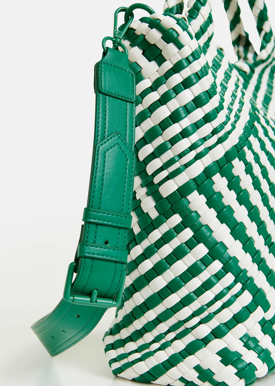 Green and white faux leather woven handbag