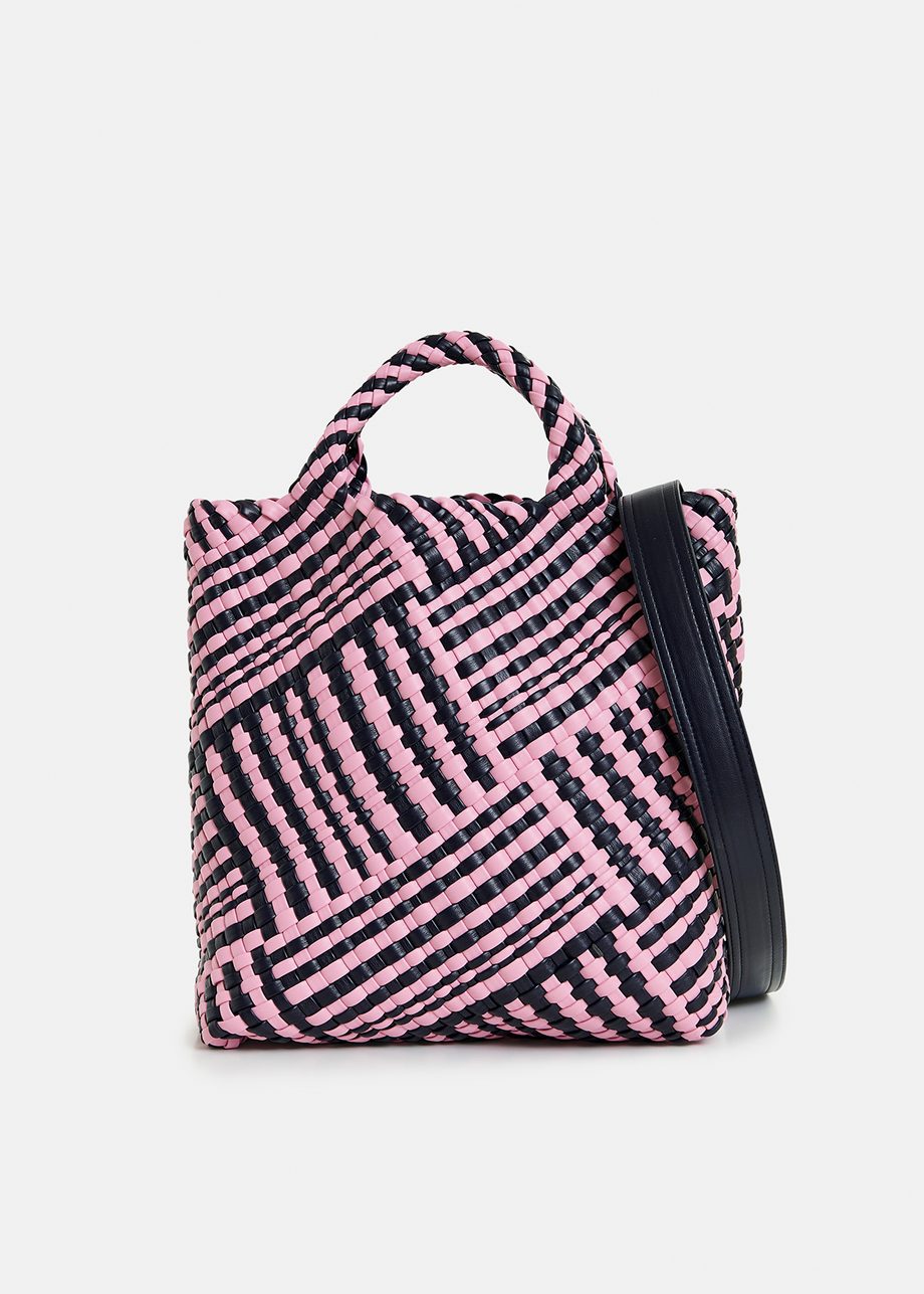 Gewebte Kunstlederhandtasche in Rosa und Marineblau