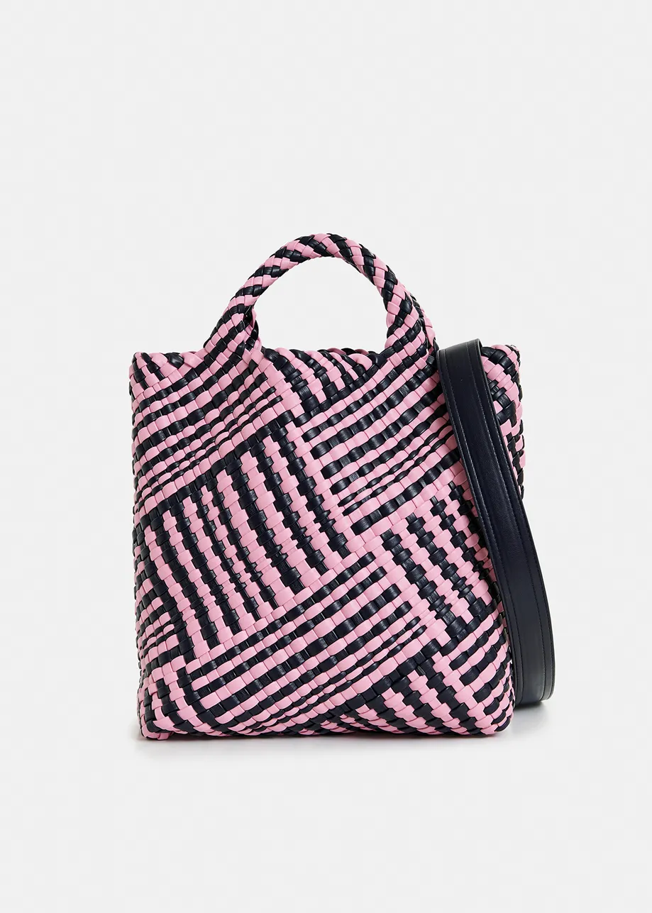 Pink and navy faux leather woven handbag