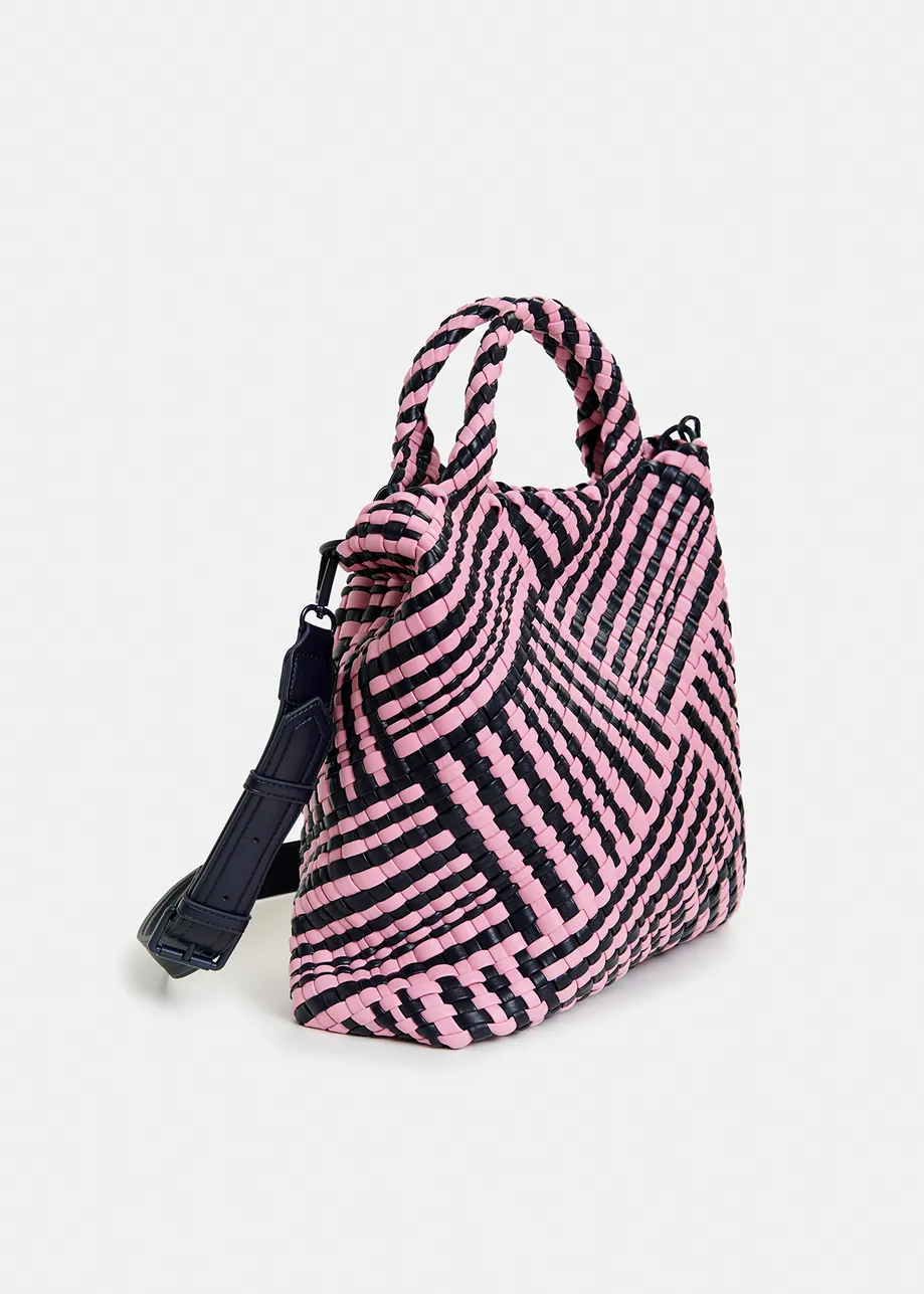 Pink and navy faux leather woven handbag