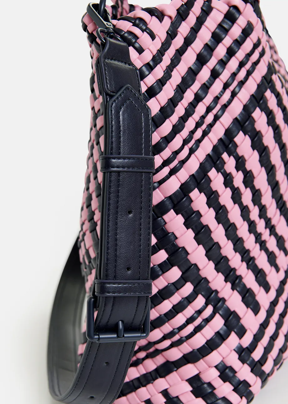 Pink and navy faux leather woven handbag