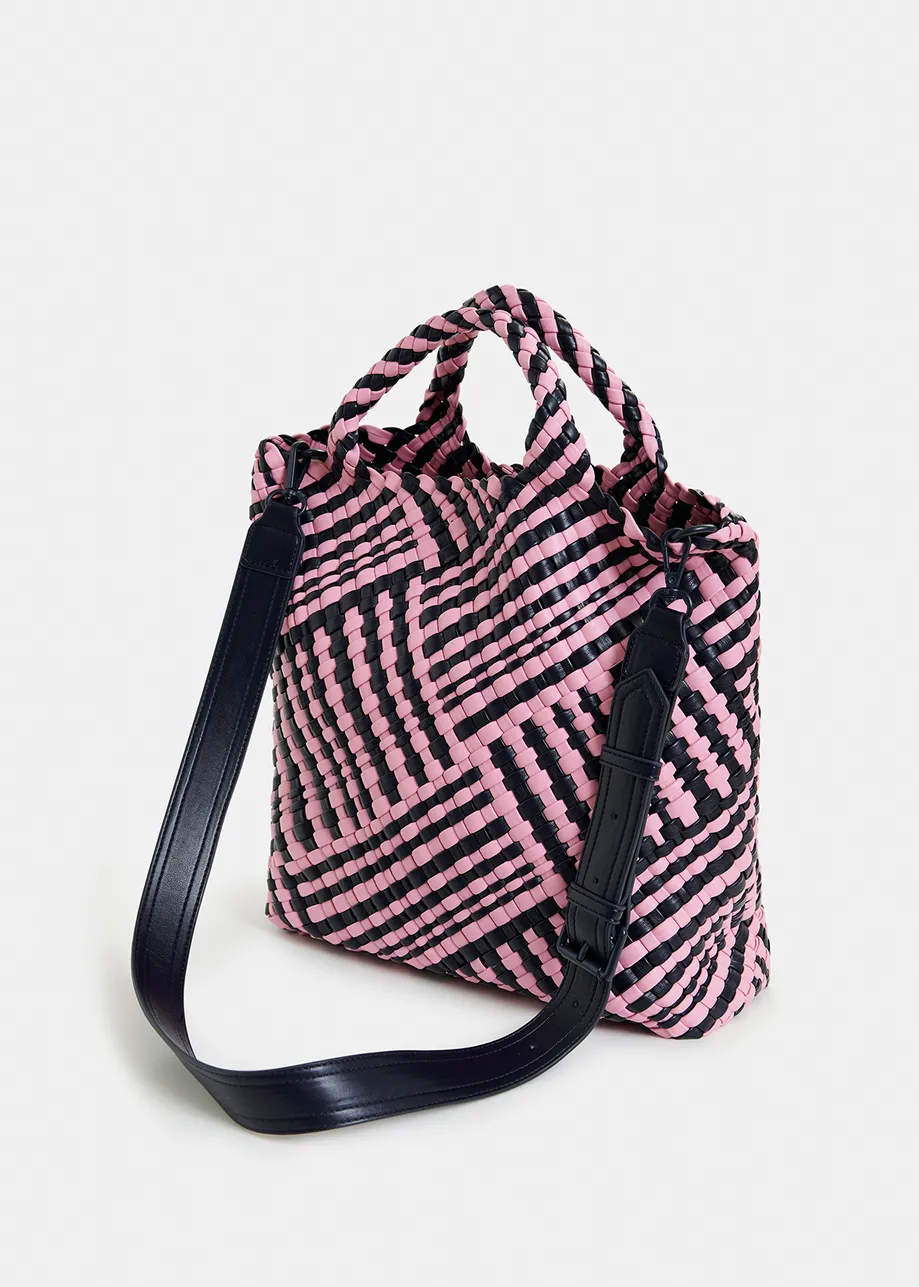 Pink and navy faux leather woven handbag