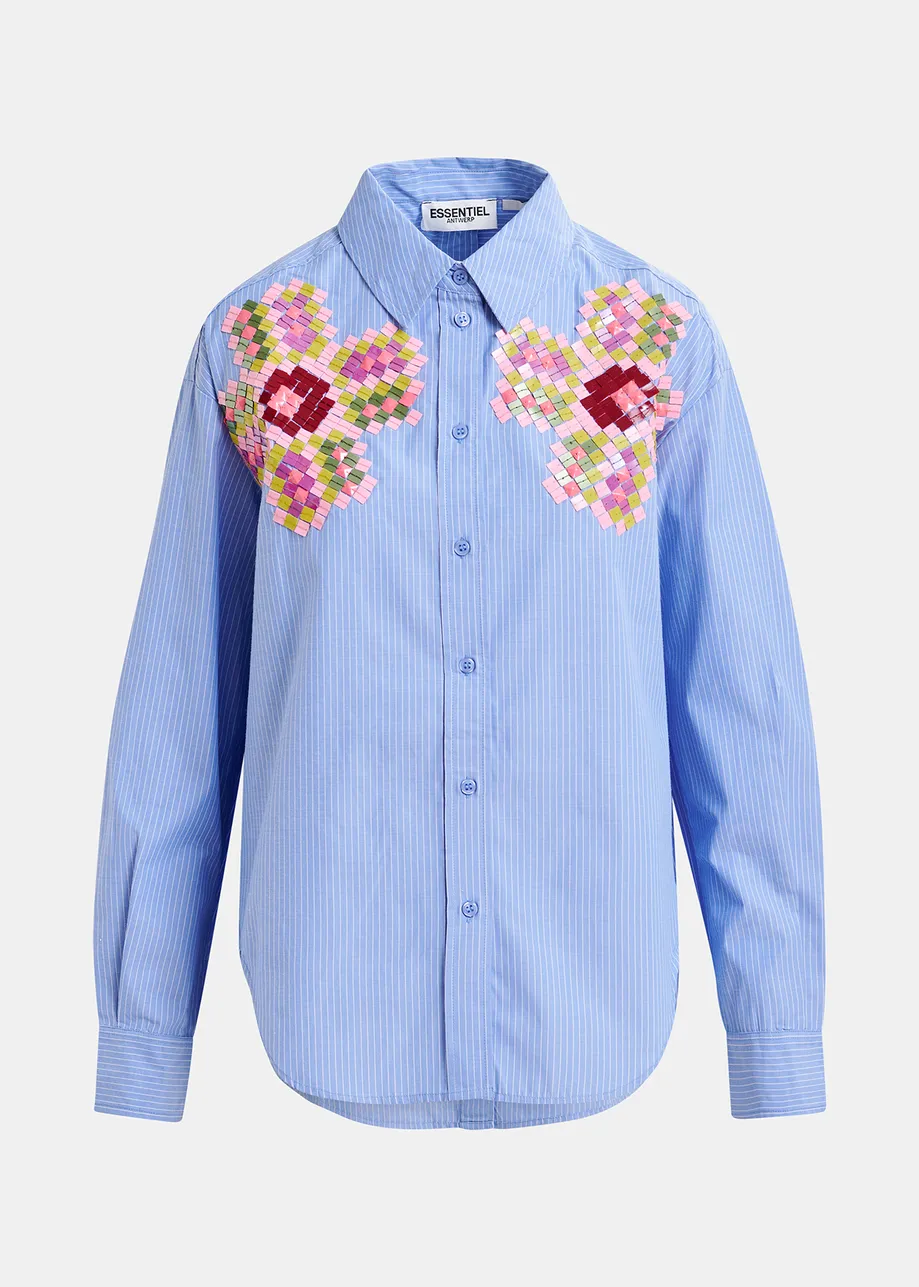 Camicia gessata ricamata con paillettes azzurre