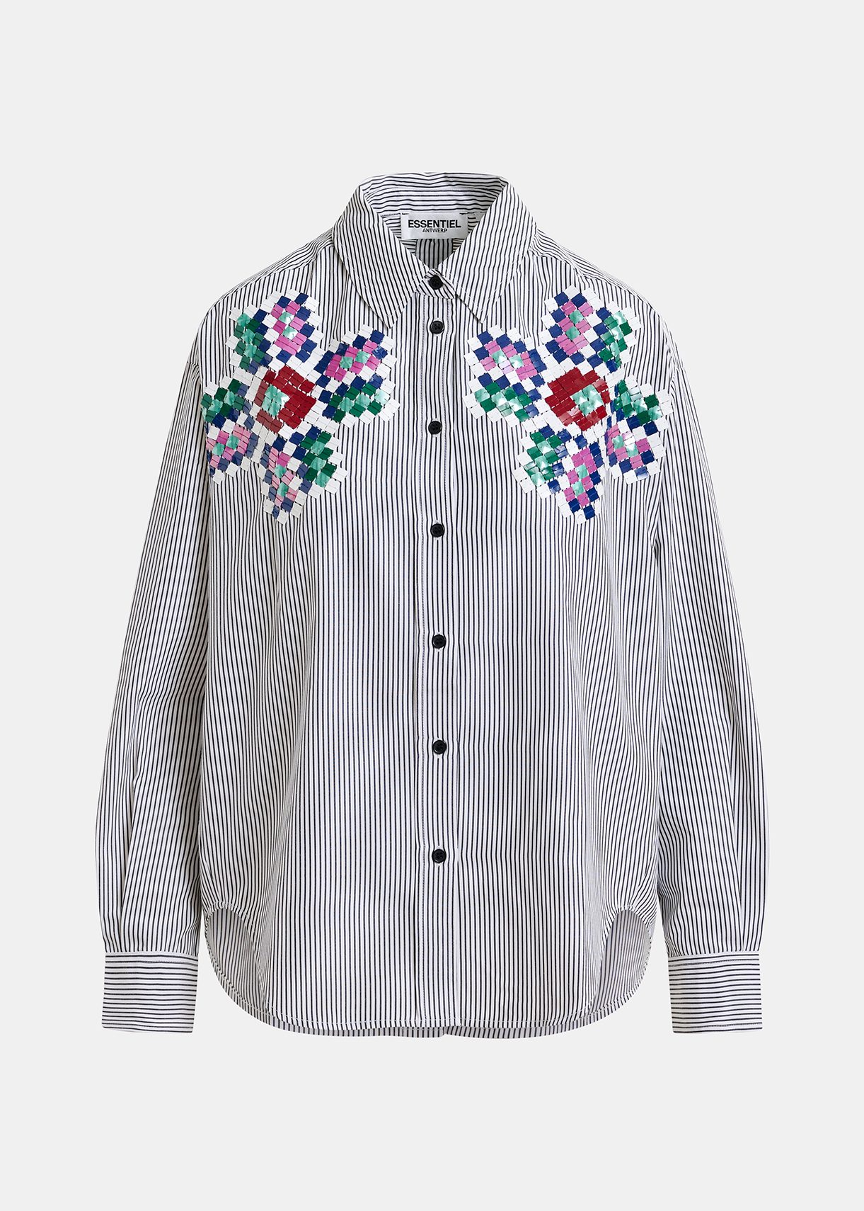Black and white sequin-embroidered pinstripe shirt | Essentiel