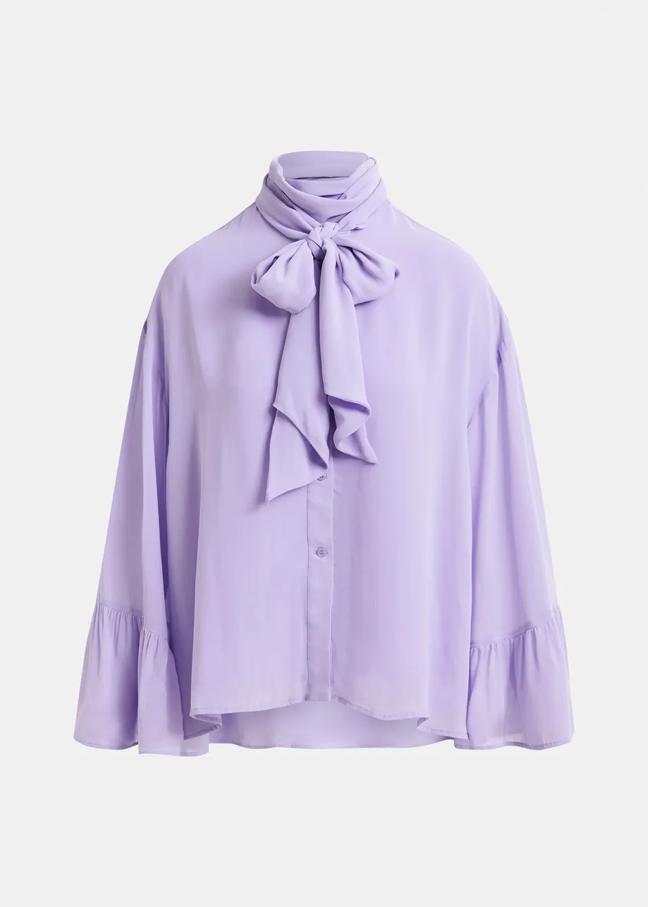 Lilac oversized shirt with pussy bow and ruffle details