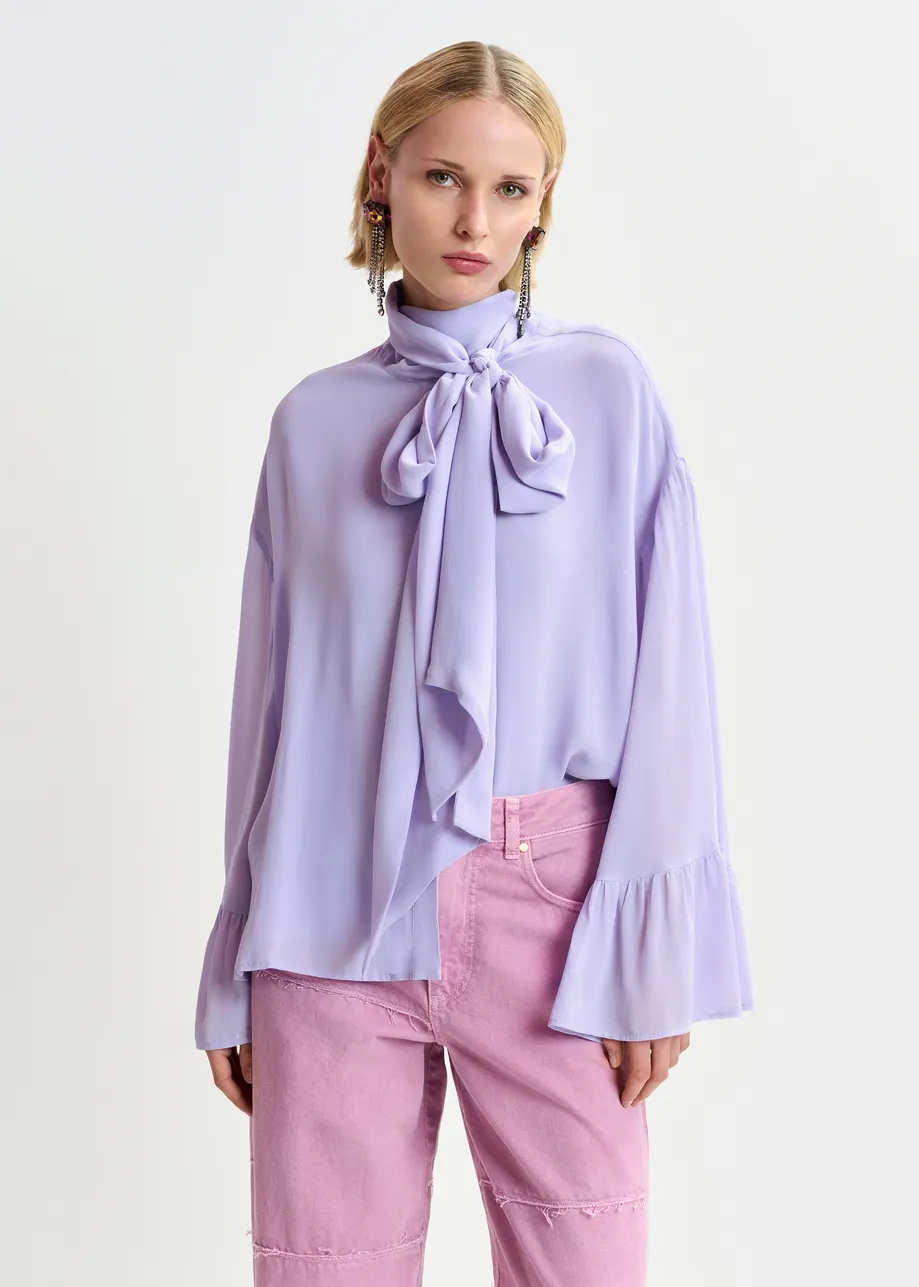 Lilac oversized shirt with pussy bow and ruffle details