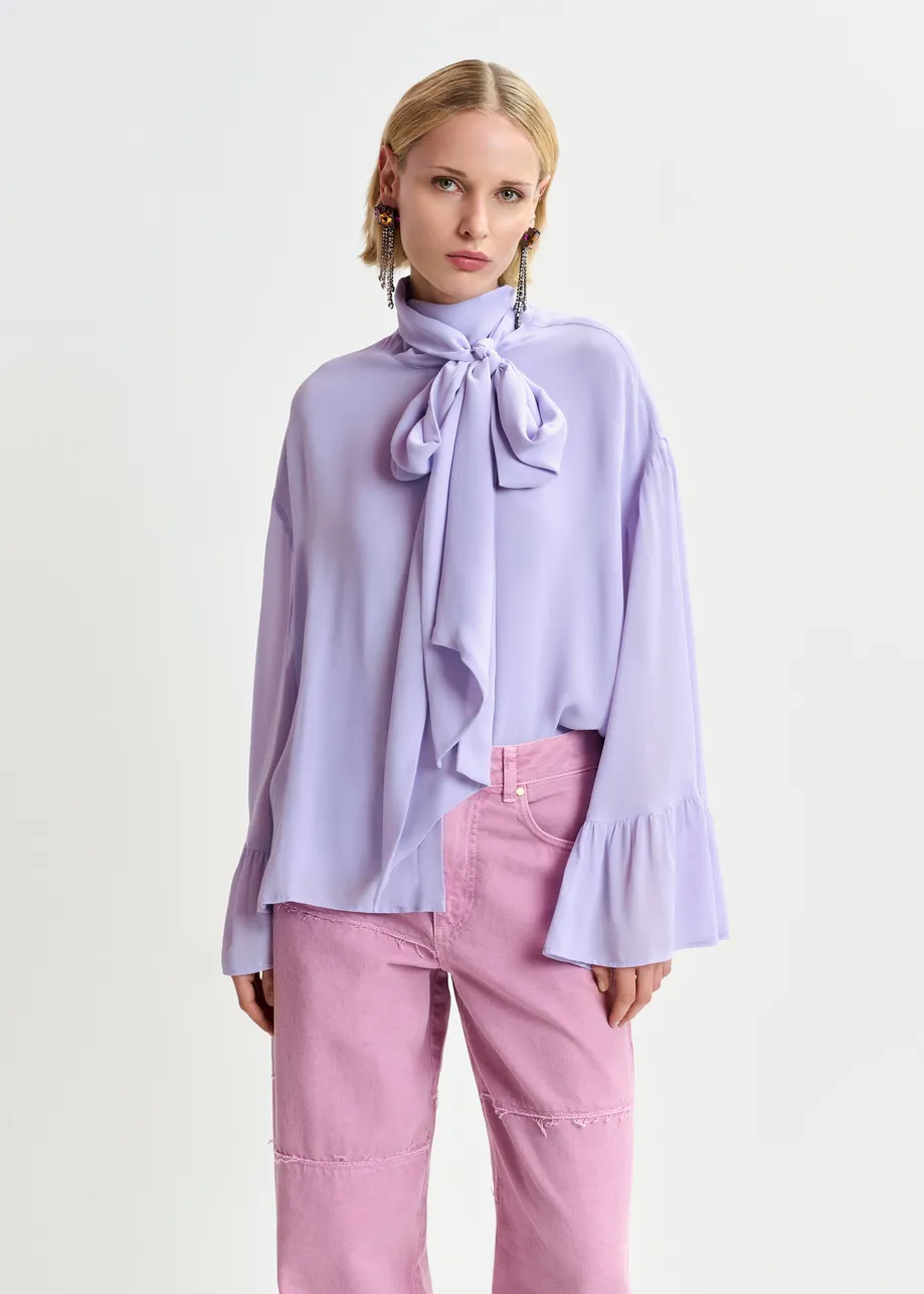 Lilac oversized shirt with pussy bow and ruffle details