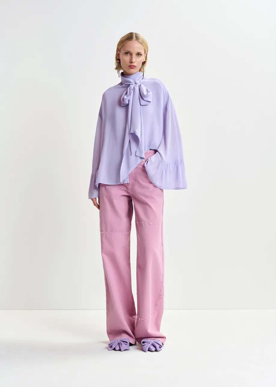 Lilac oversized shirt with pussy bow and ruffle details