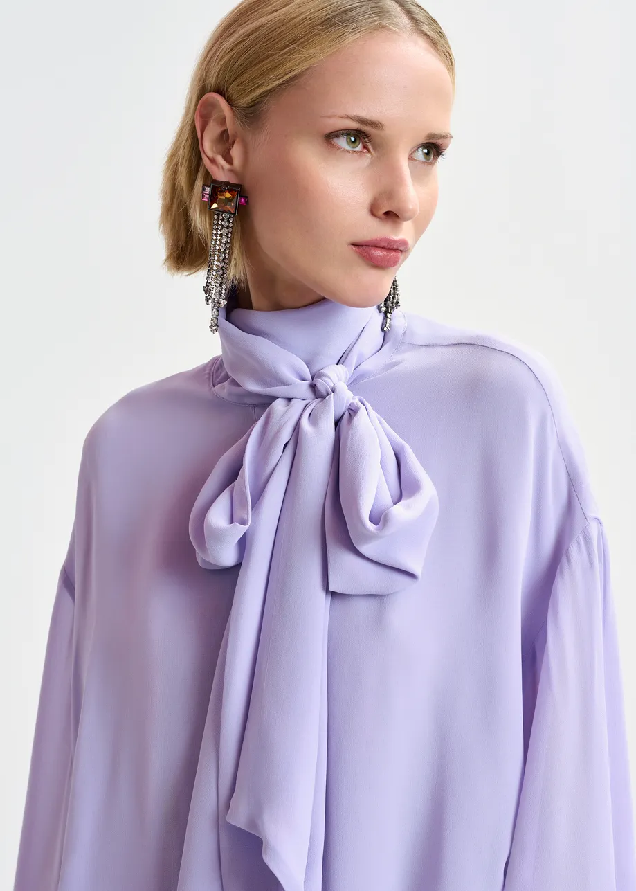 Lilac oversized shirt with pussy bow and ruffle details