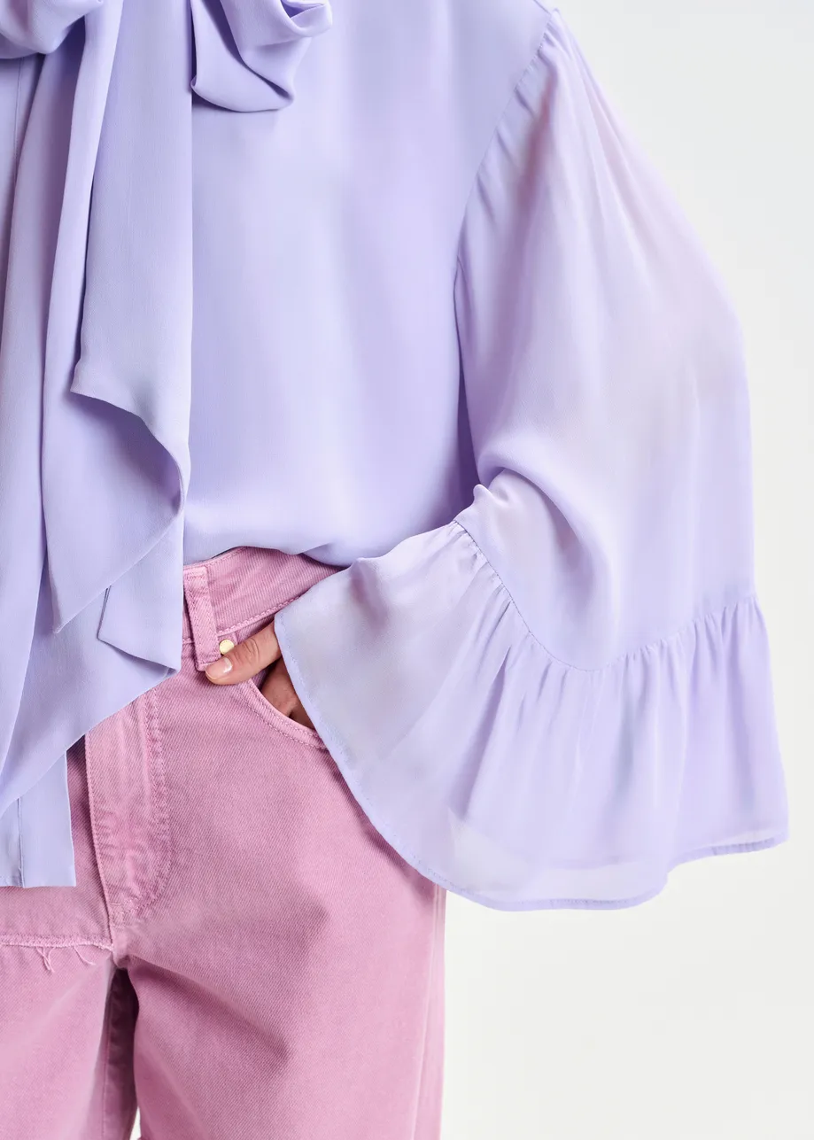 Lilac oversized shirt with pussy bow and ruffle details