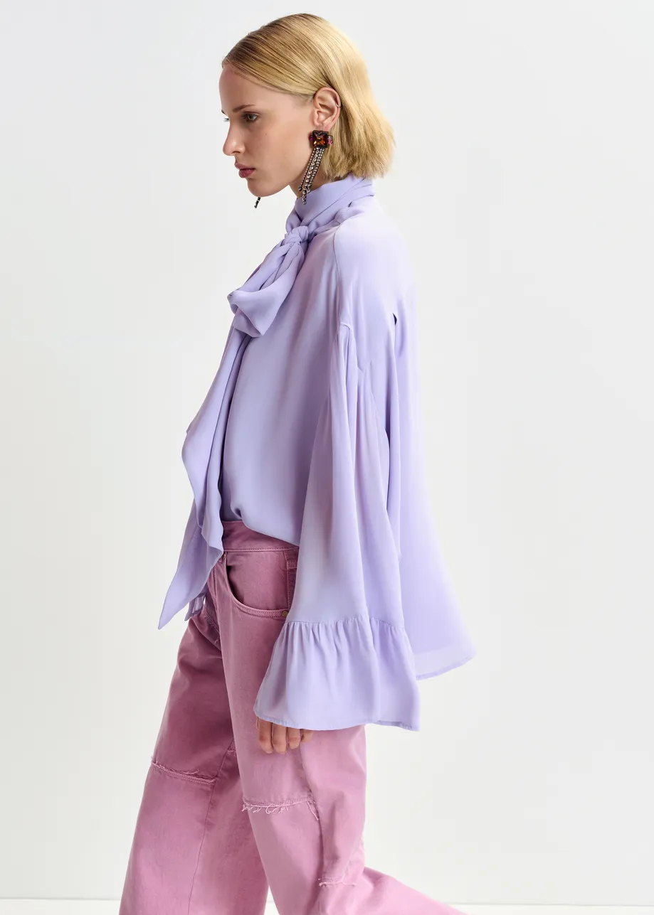 Lilac oversized shirt with pussy bow and ruffle details