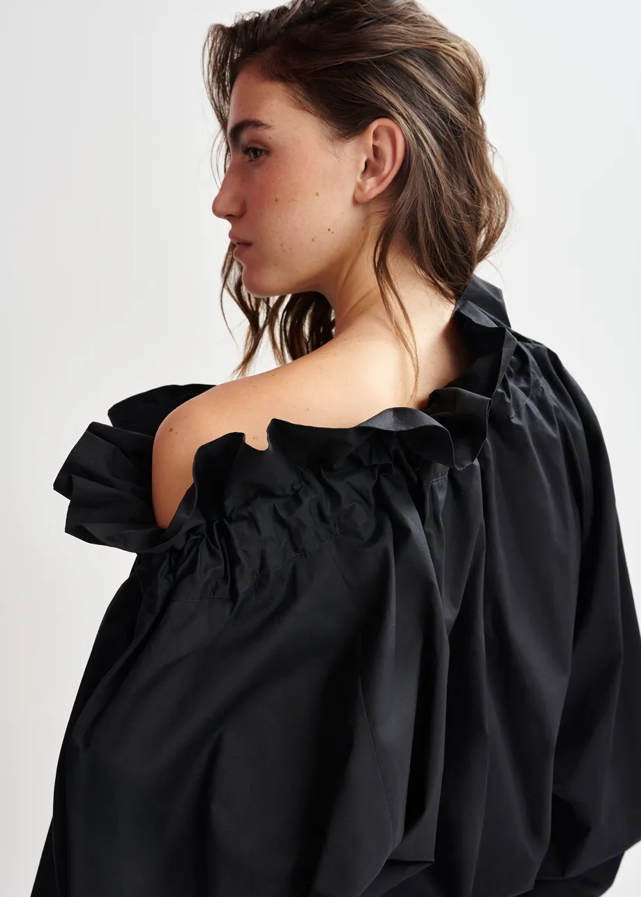 Black off-the-shoulder cotton top with ruffle details and self-tie collar