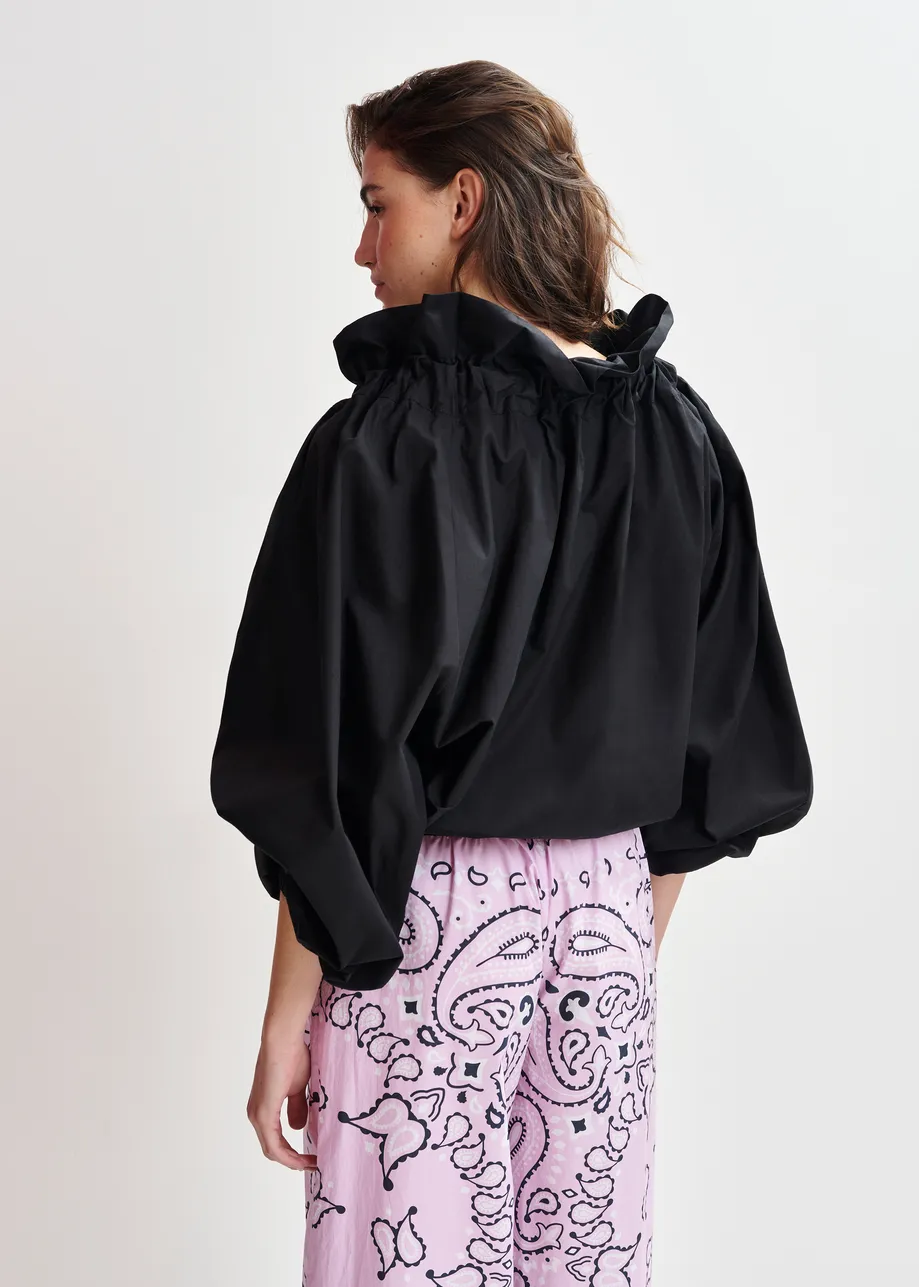 Black off-the-shoulder cotton top with ruffle details and self-tie collar