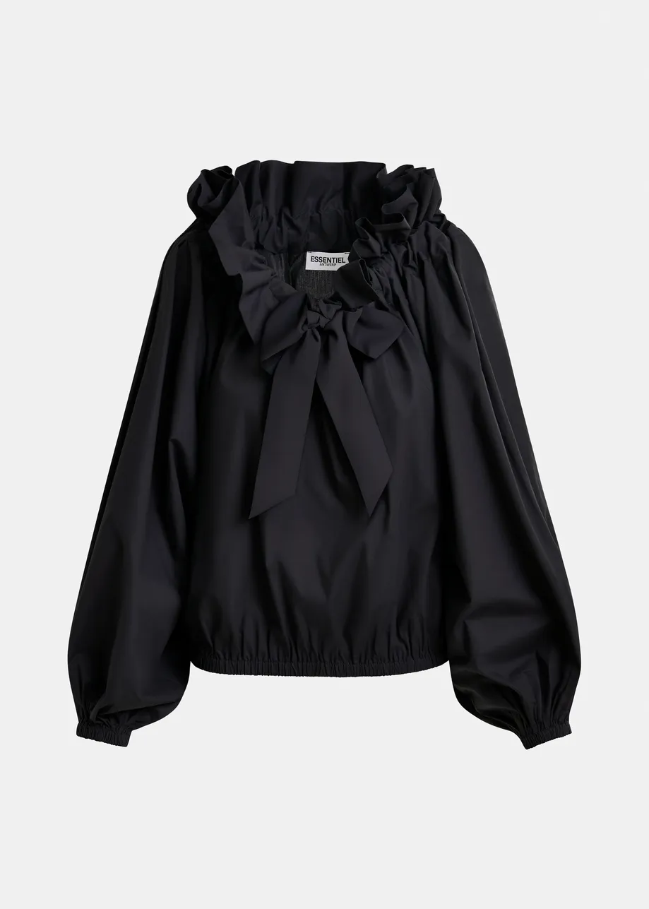 Top de algodón con hombros al descubierto, volantes y cuello con lazo para anudar, negro.
