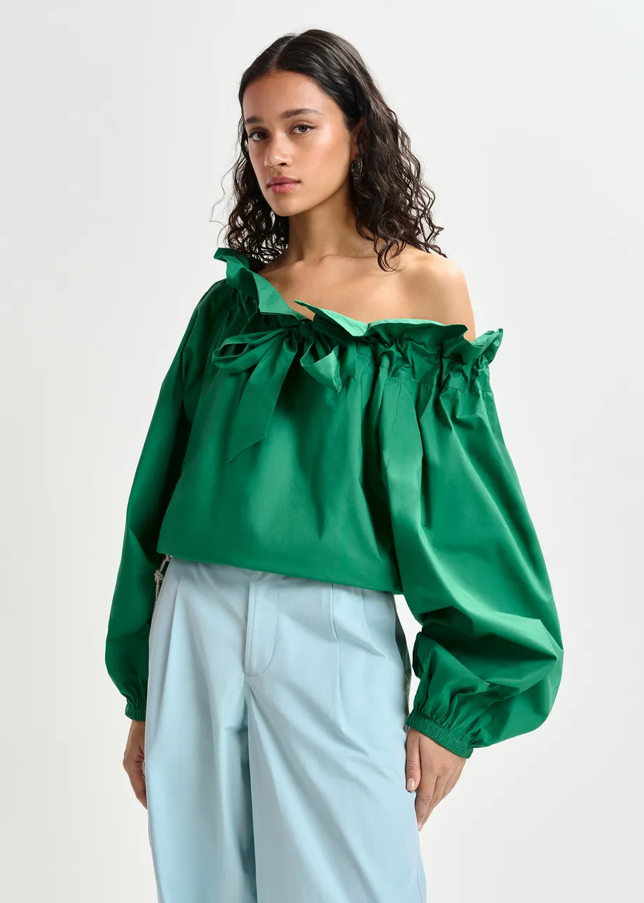 Top de algodón con hombros al descubierto, volantes y cuello con lazo para anudar, verde
