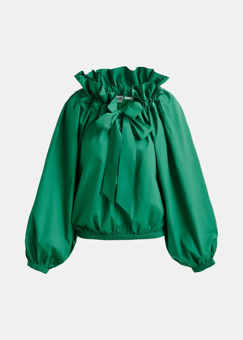 Top de algodón con hombros al descubierto, volantes y cuello con lazo para anudar, verde