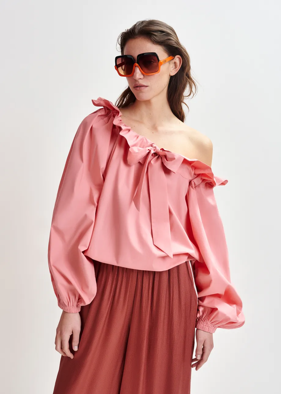 Rosa Baumwolloberteil mit Rüschendetails, voluminösen Ärmeln und Bändern am Kragen
