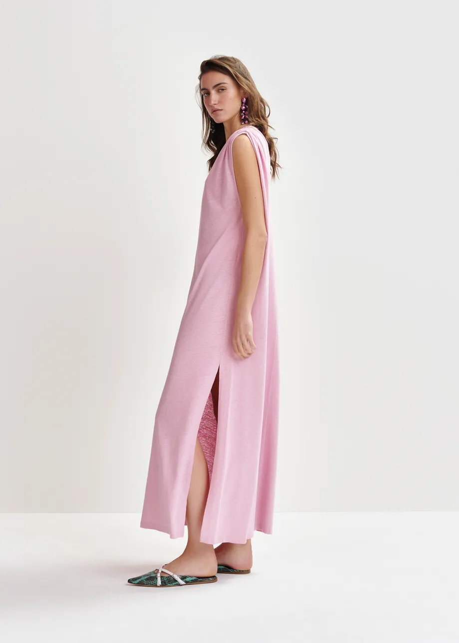 Pink sleeveless cotton-linen blend maxi dress