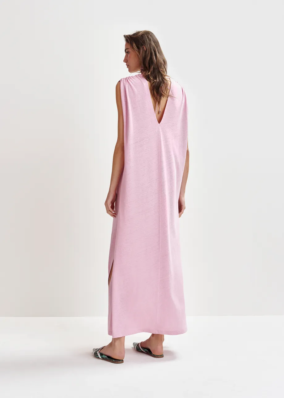Pink sleeveless cotton-linen blend maxi dress