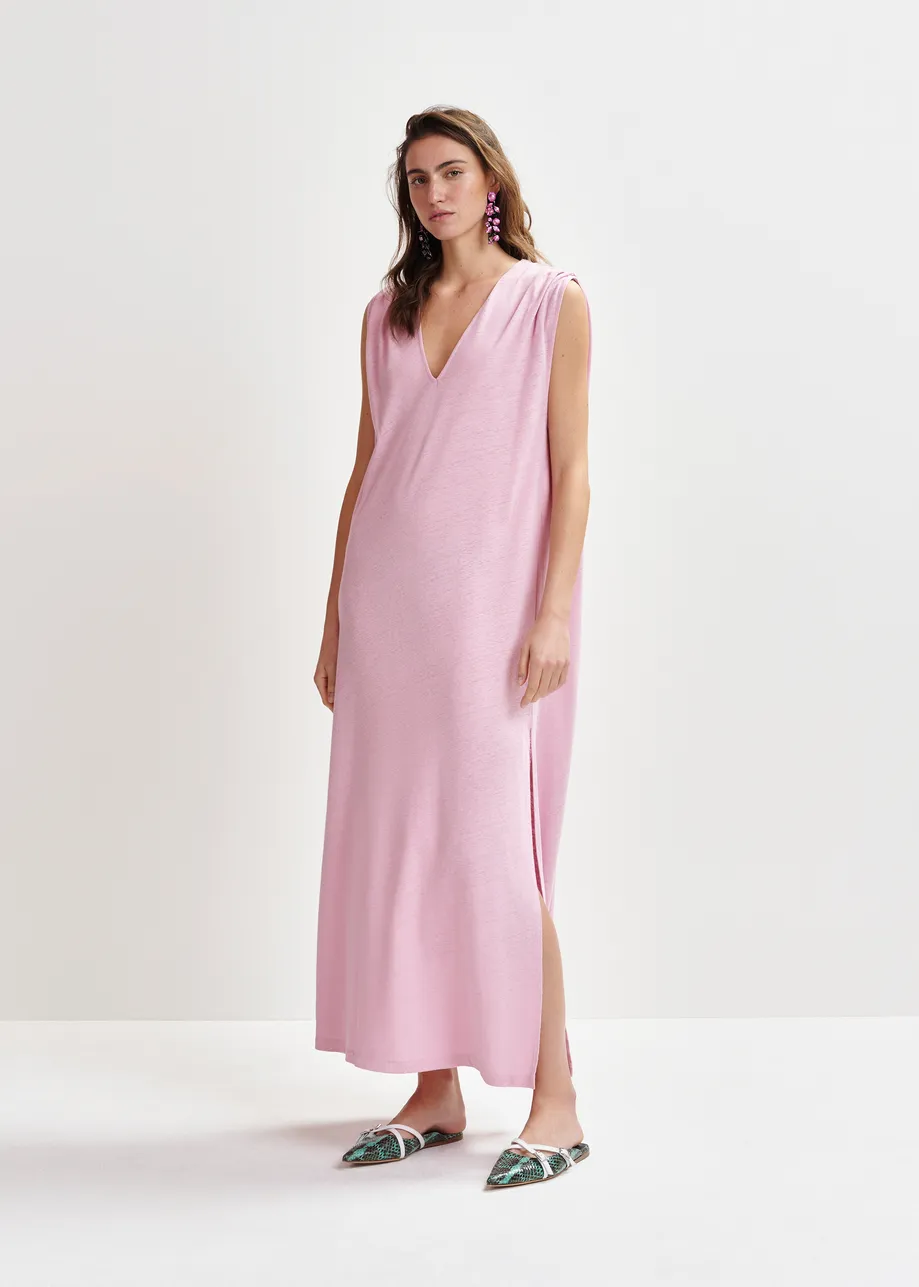 Rosa, ärmelloses Maxikleid aus Baumwoll-Leinen-Mischung