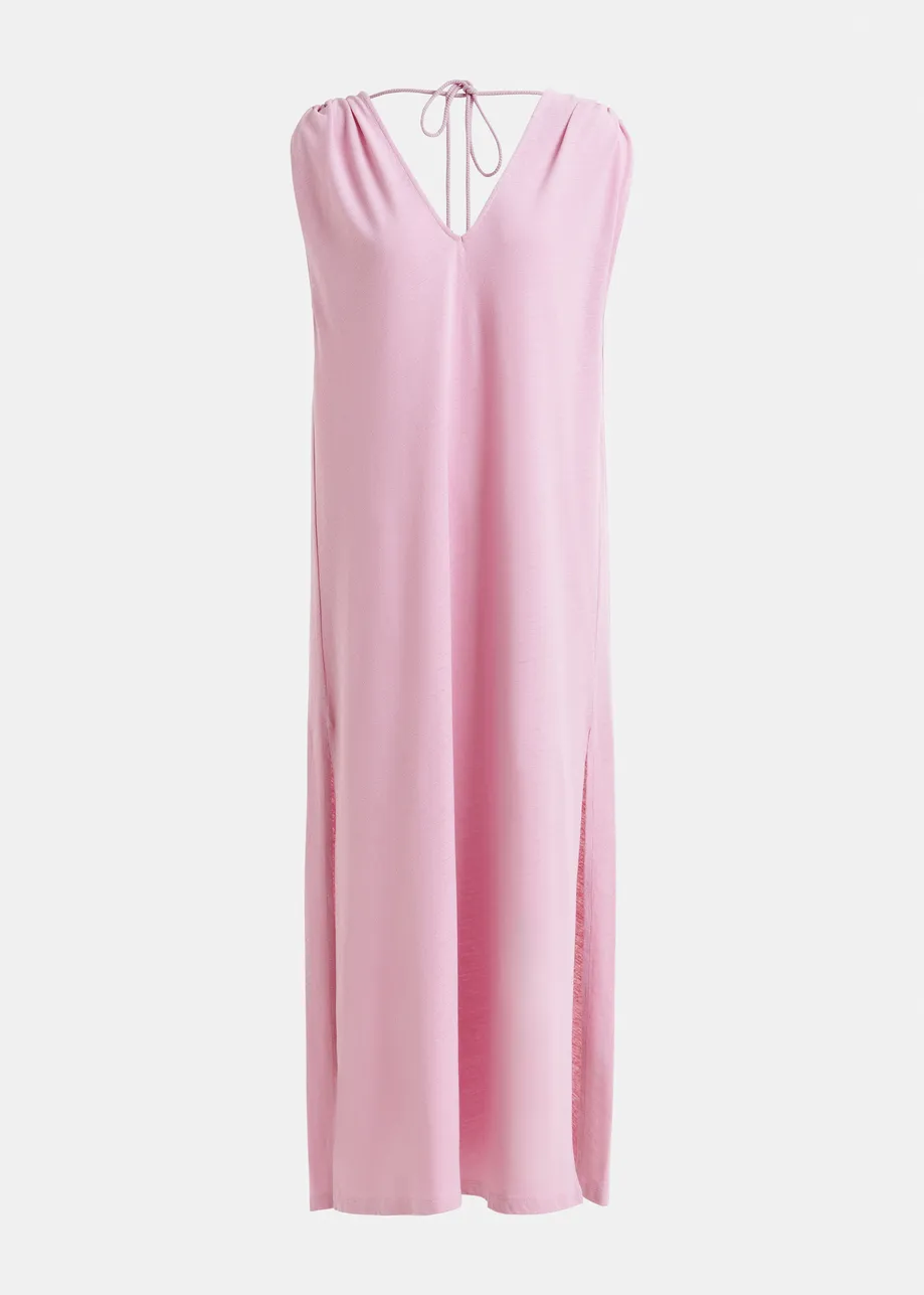 Rosa, ärmelloses Maxikleid aus Baumwoll-Leinen-Mischung