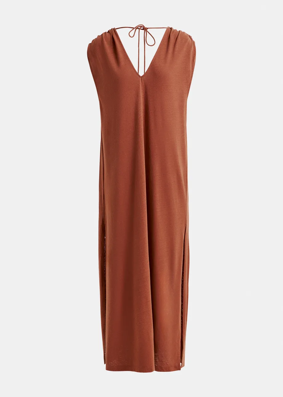 Brown sleeveless cotton-linen blend maxi dress