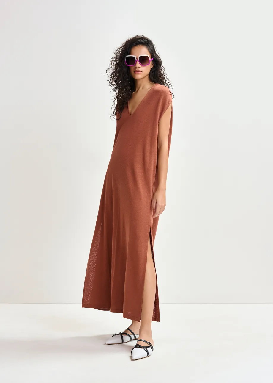 Brown sleeveless cotton-linen blend maxi dress
