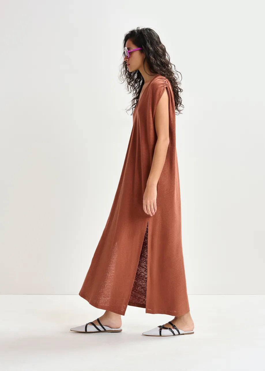 Brown sleeveless cotton-linen blend maxi dress