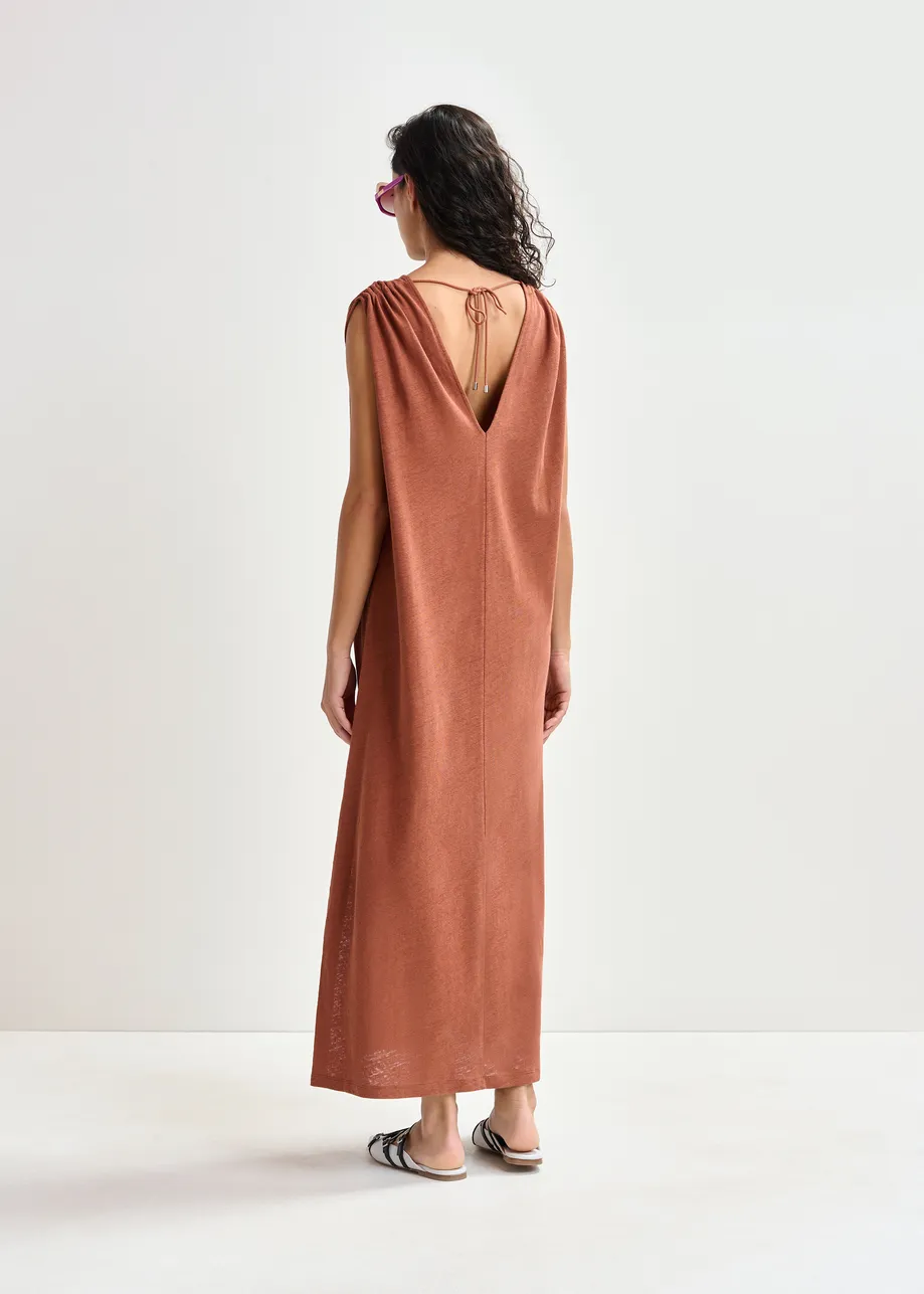 Brown sleeveless cotton-linen blend maxi dress