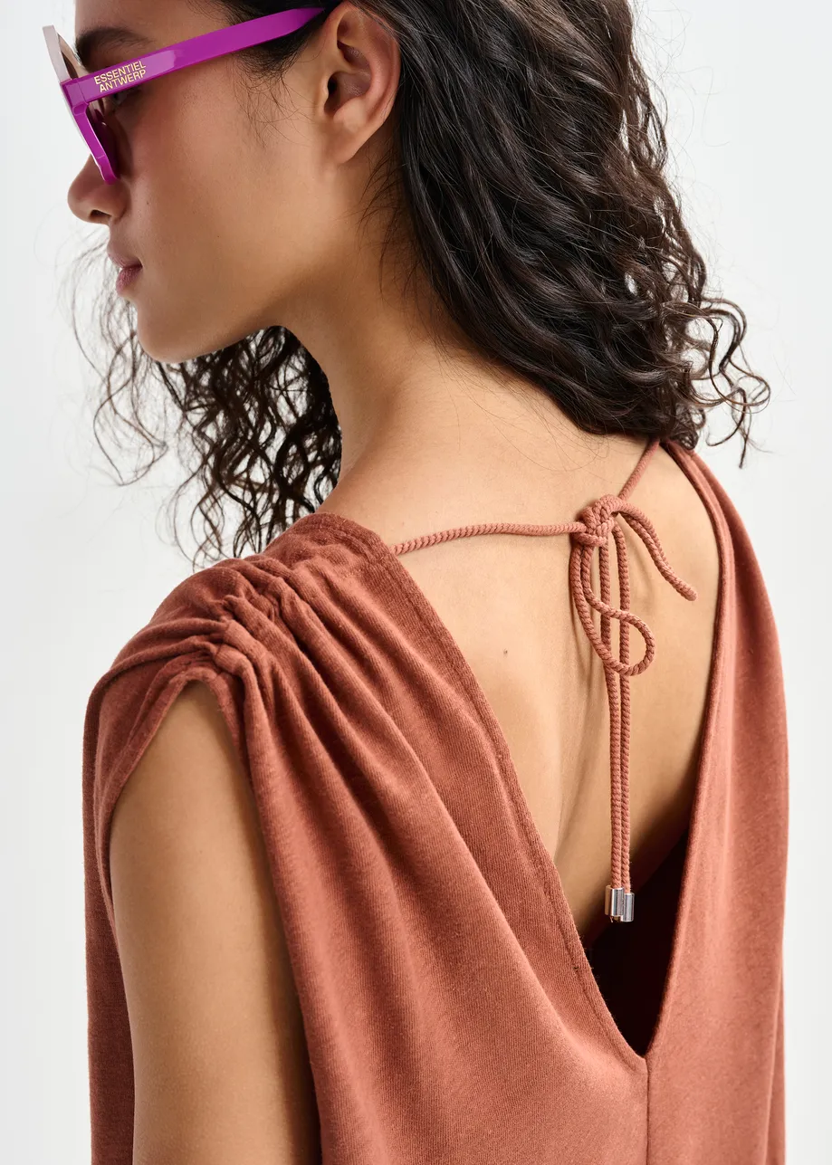 Brown sleeveless cotton-linen blend maxi dress