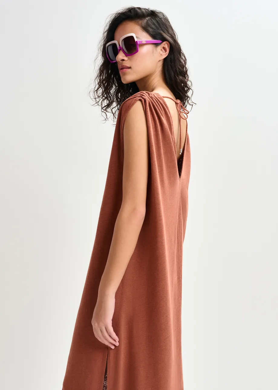 Brown sleeveless cotton-linen blend maxi dress