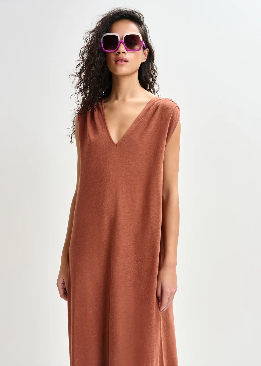 Brown sleeveless cotton-linen blend maxi dress