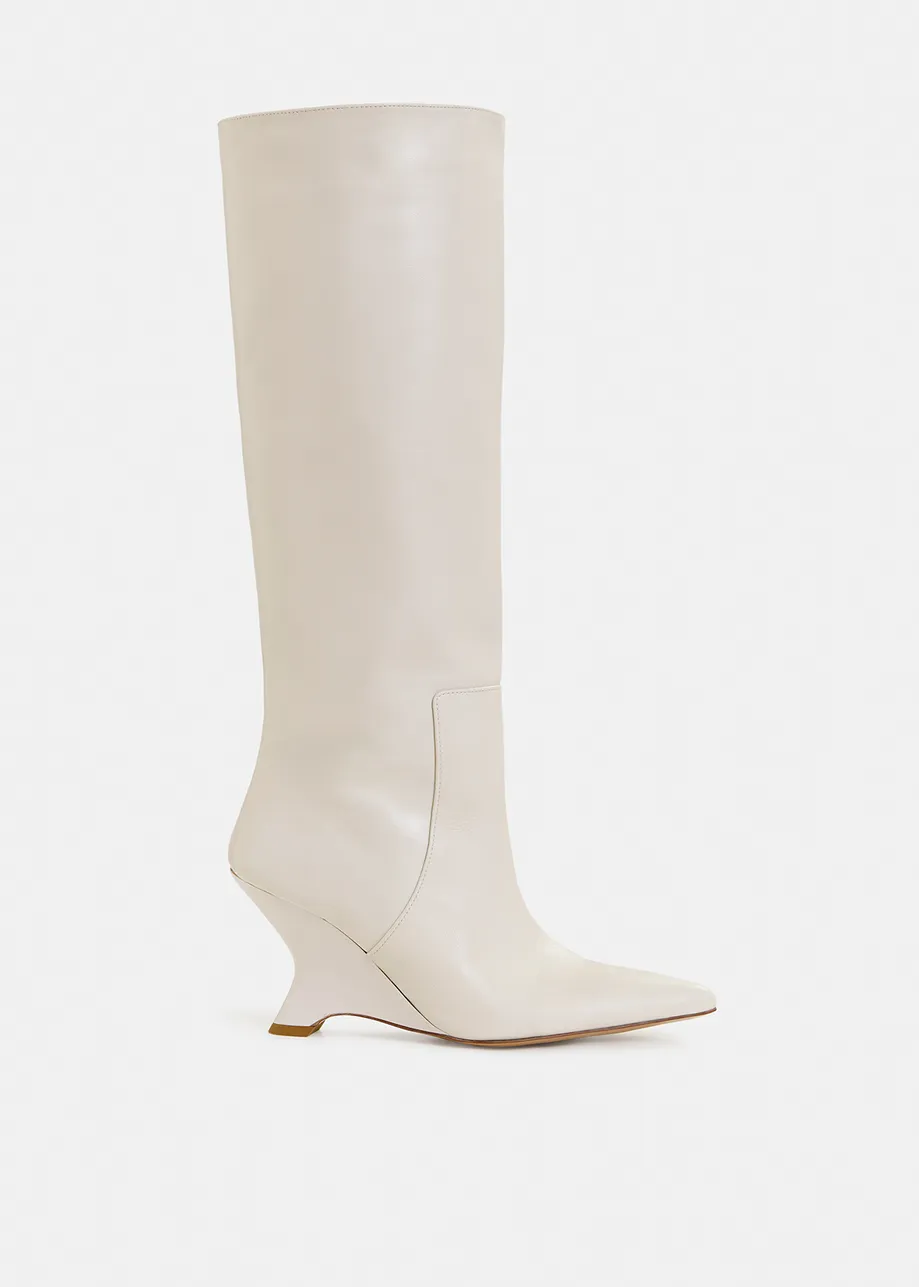 Off-white leather wedge knee boots