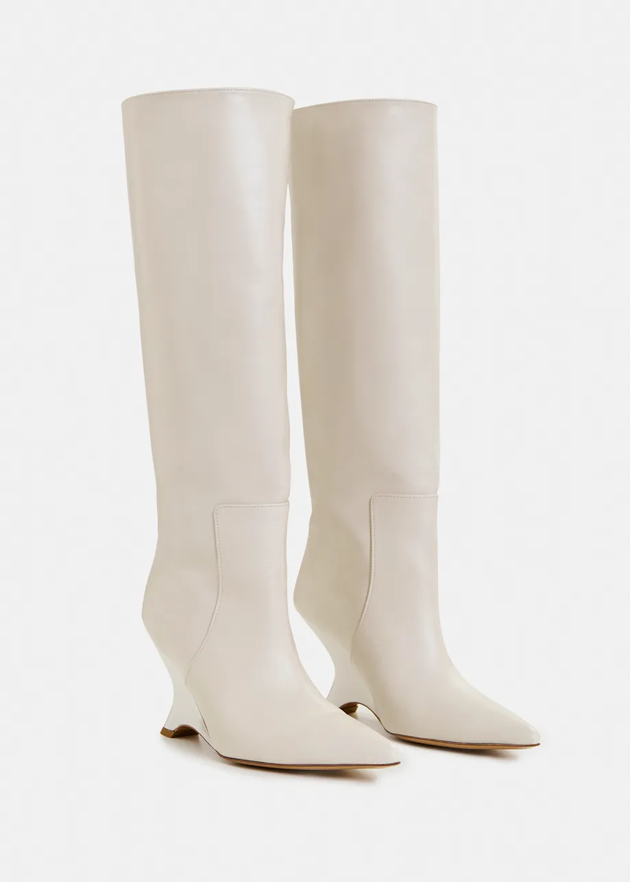 Off-white leather wedge knee boots