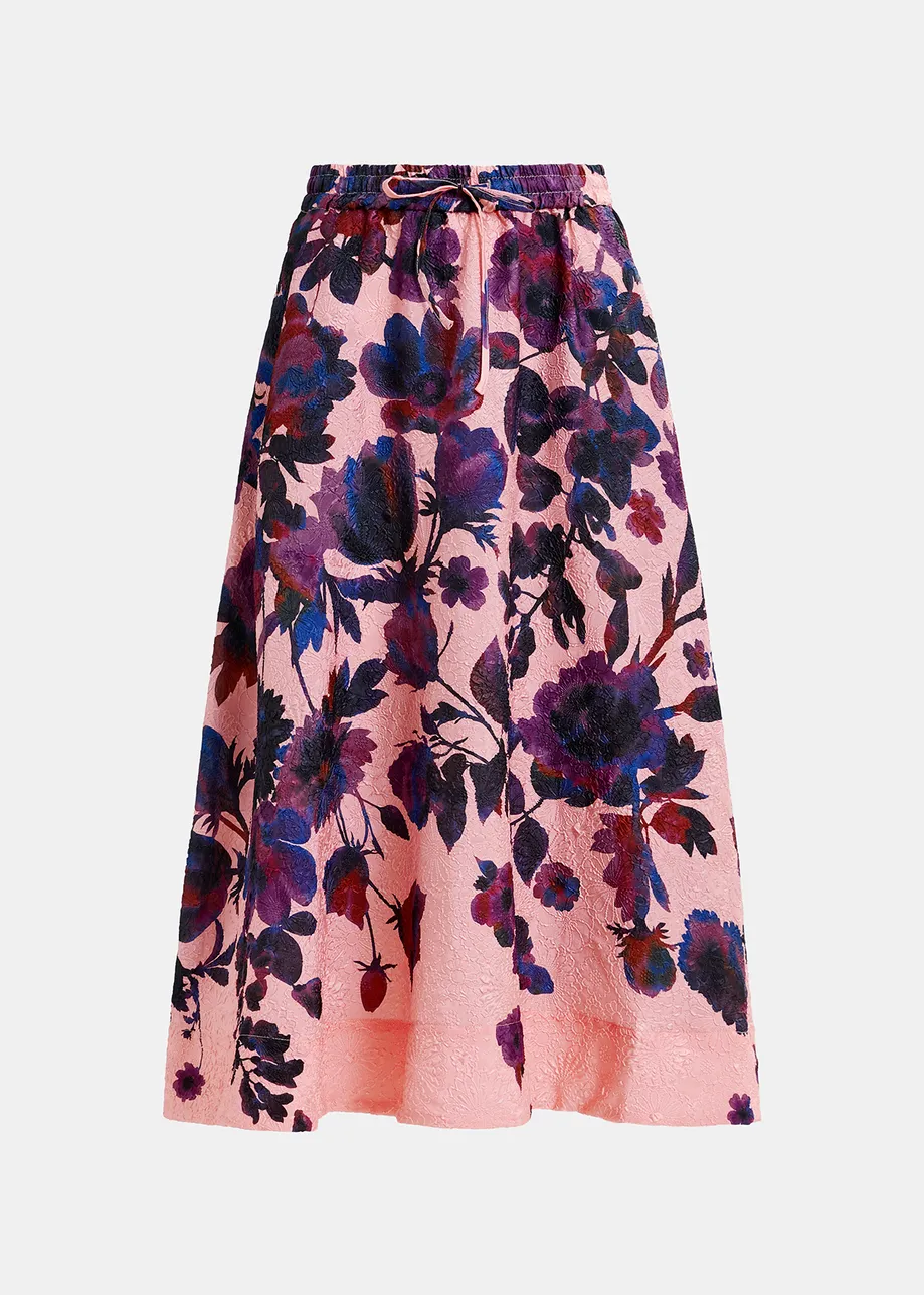 Roze, donkerpaarse en donkerblauwe midirok in bloemenjacquard